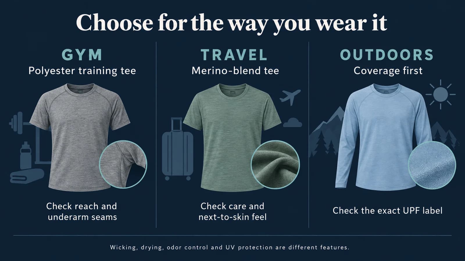 Choose by use: gym means check training fit and seams; travel means check wool-blend feel and care; outdoors means check coverage and the exact UPF label