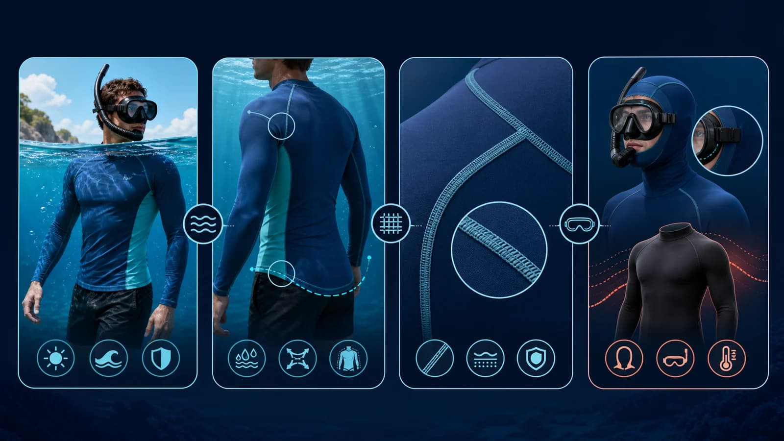 Four-part visual showing snorkeling rash-guard water fit, torso stability, flat seams, and hood-mask and warmth compatibility