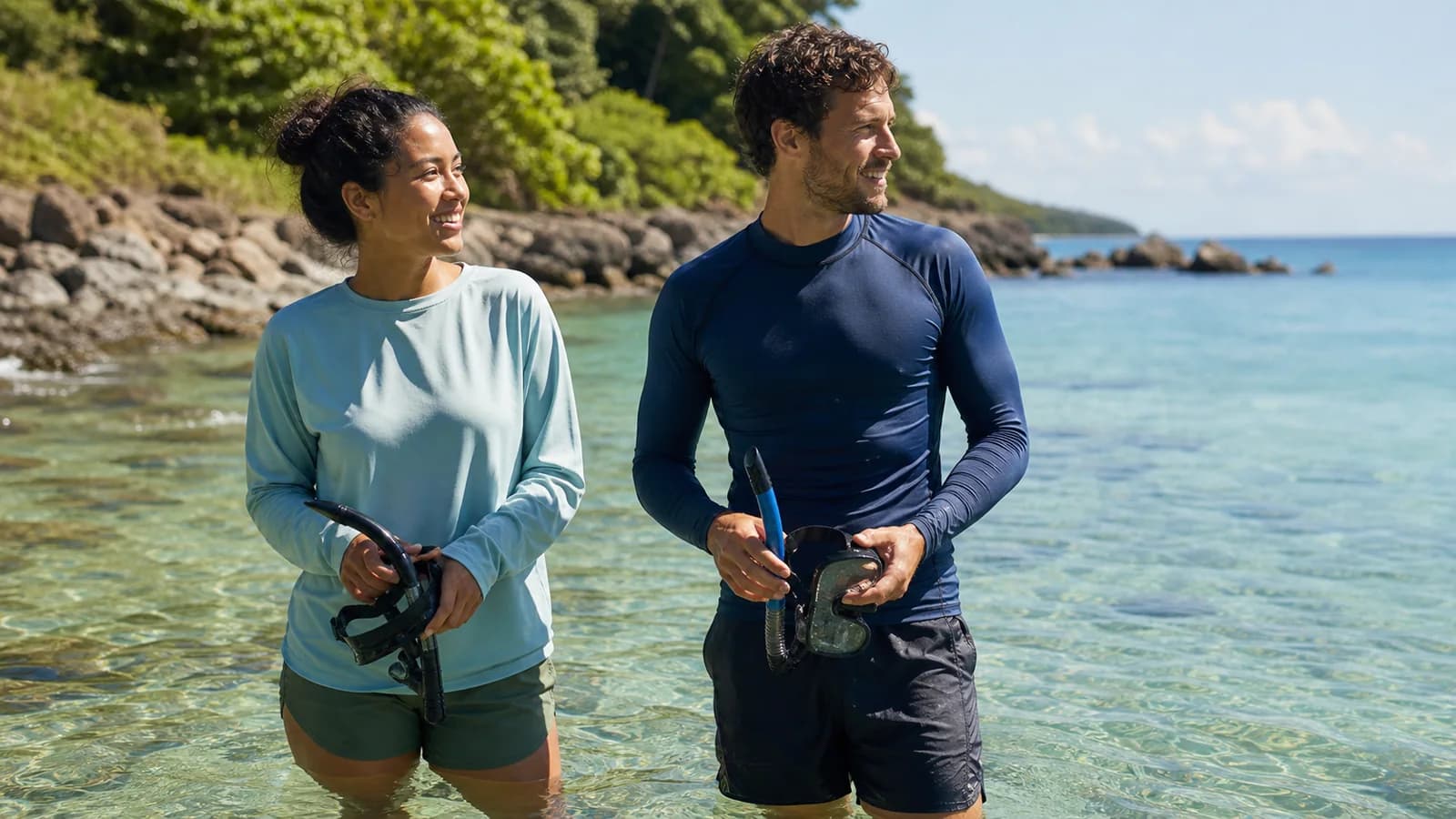 Two adult snorkelers comparing relaxed and close-fit long-sleeve rash guards at a clear shoreline