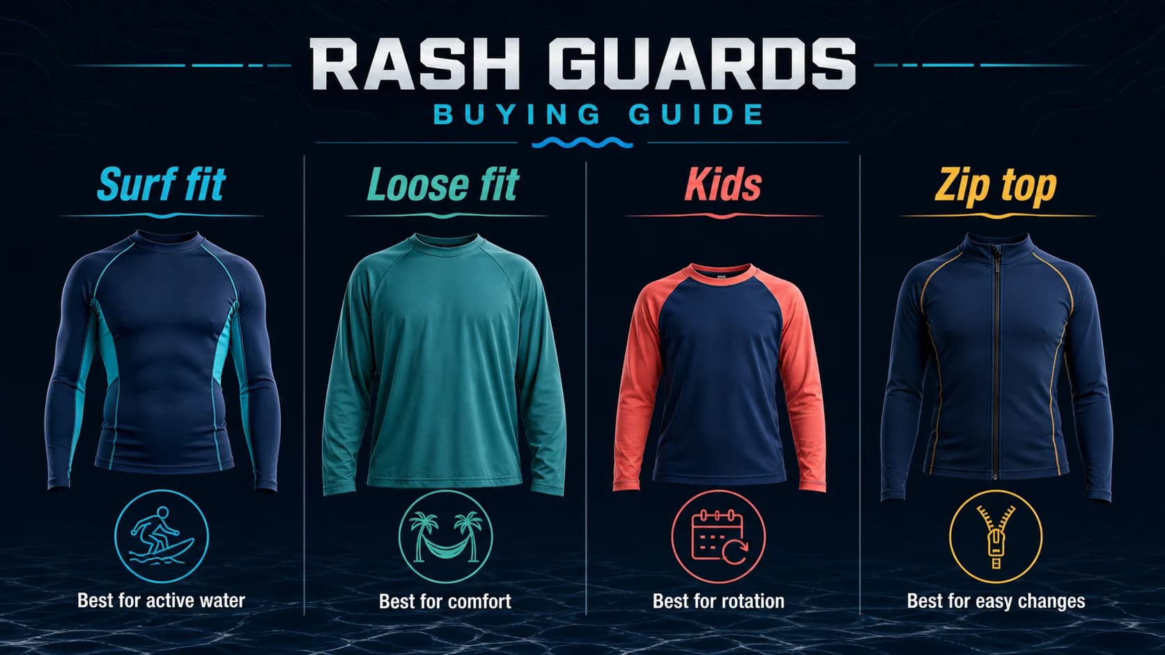 Infographic comparing surf fit, loose fit, kids, and zip rash guards