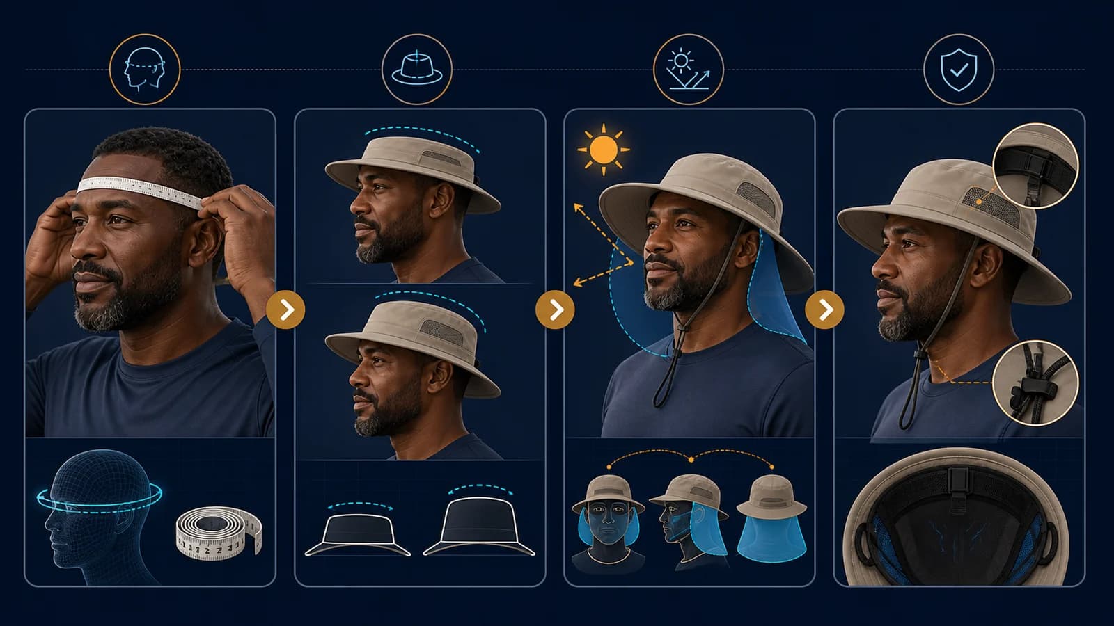 Four-part visual showing head measurement, crown depth, brim shade geometry, and adjustable retention for large sun hats