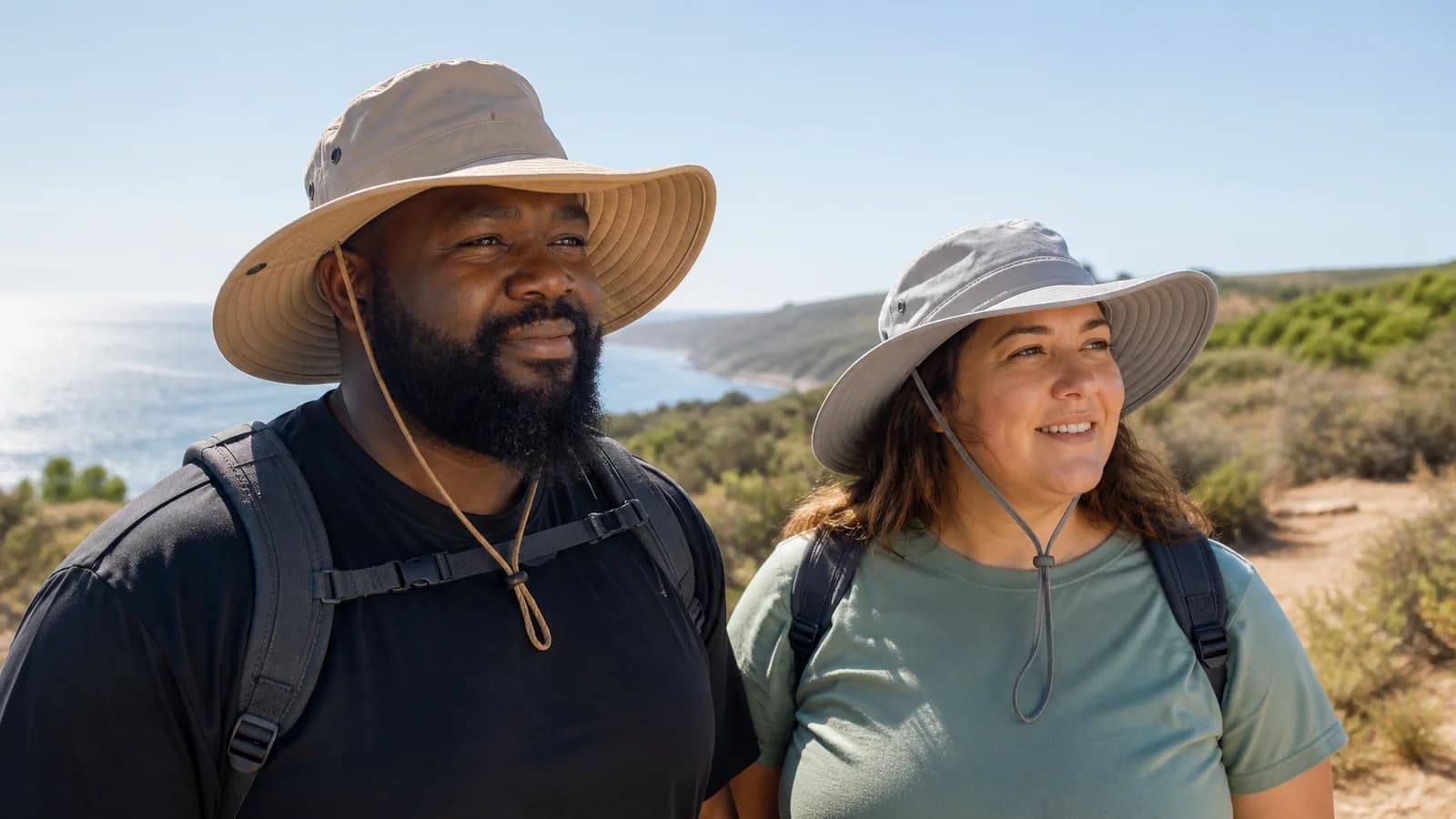 Outdoor traveler wearing a wide-brim sun hat with a comfortable deep crown