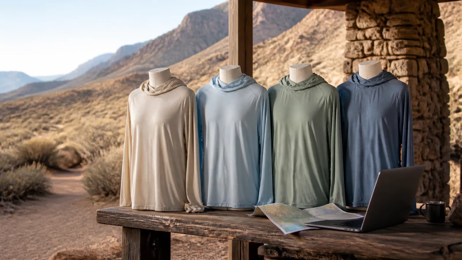 Four generic sun hoodies arranged beside a trail map and laptop