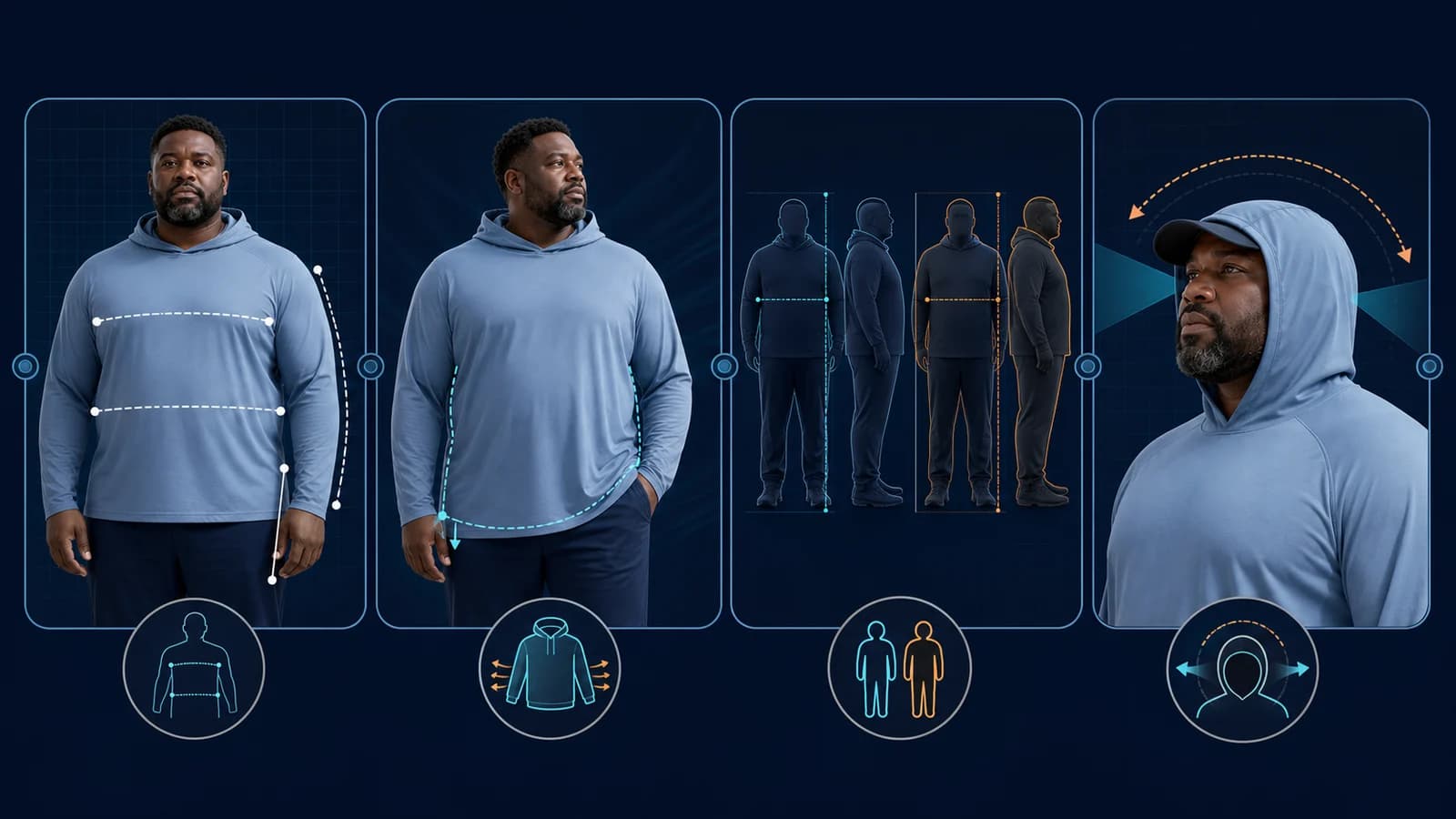 Four-part visual showing big-and-tall hoodie measurements, relaxed drape, big versus tall sizing, and hood movement