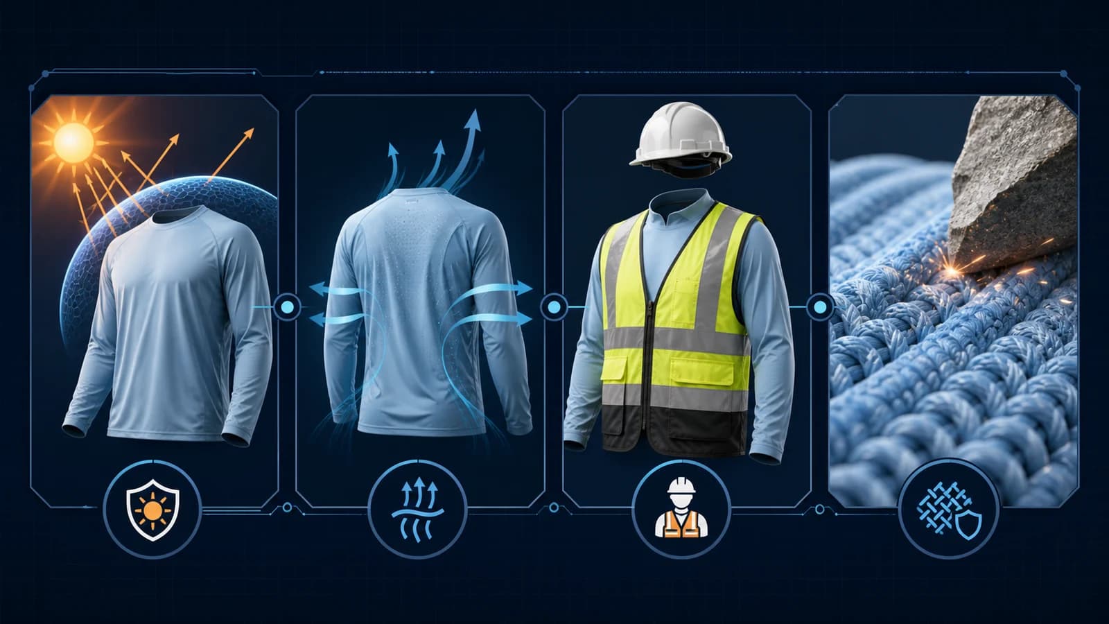Four-part visual showing sun-shirt coverage, airflow, safety-equipment compatibility, and abrasion resistance for outdoor work