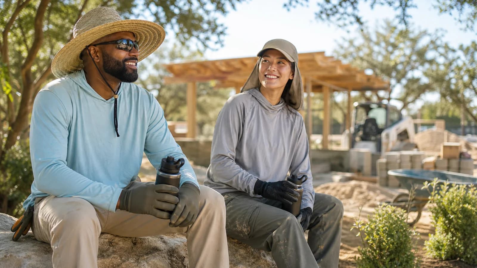 Two outdoor workers taking a shaded hydration break in lightweight long-sleeve sun shirts