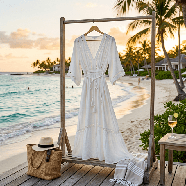 A stylish UPF 50+ beach cover-up displayed on a tropical beach with turquoise water and palm trees