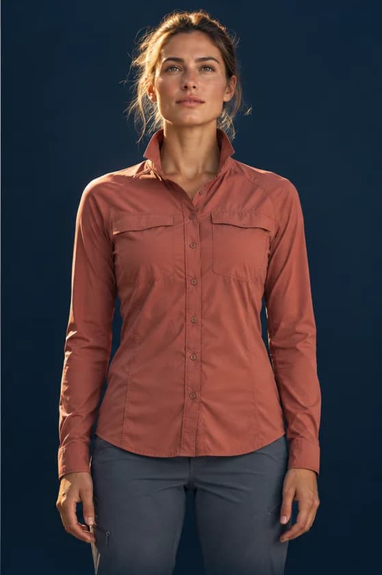 Illustrative woman wearing a collared button-front shirt