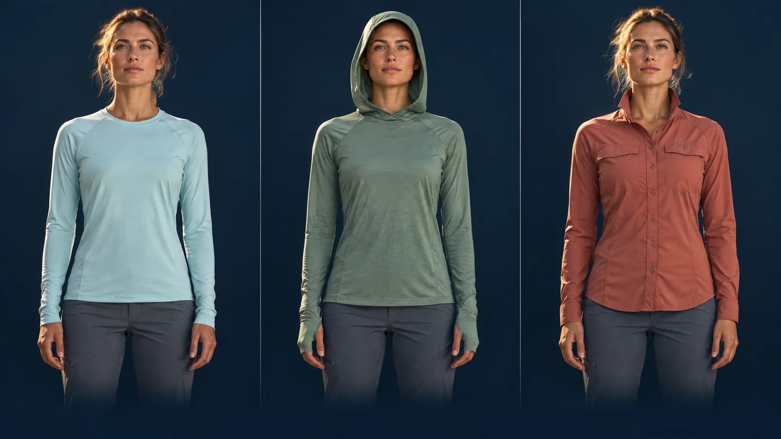 Illustrative comparison of women wearing a long-sleeve crew, a sun hoodie and a collared long-sleeve shirt