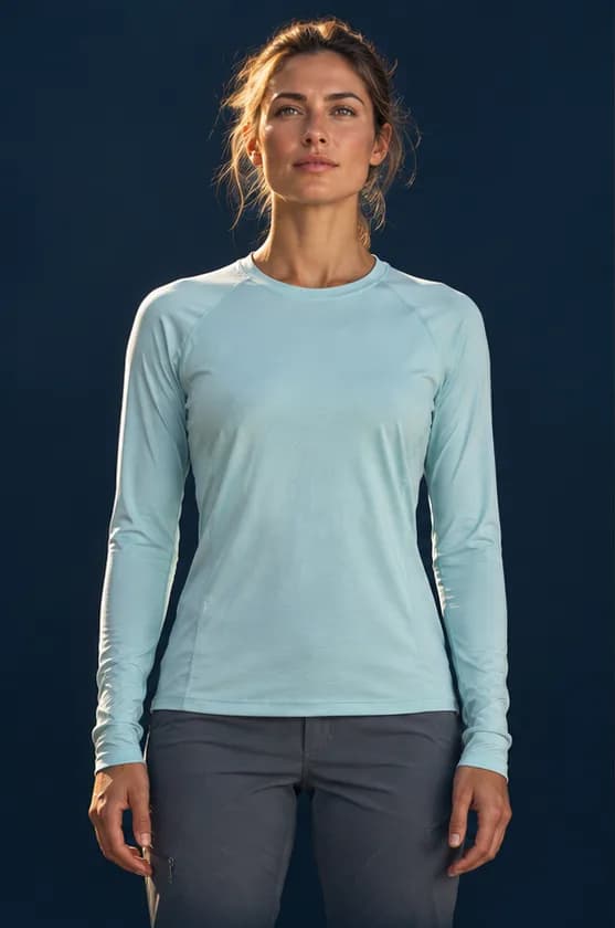 Illustrative woman wearing a long-sleeve crew