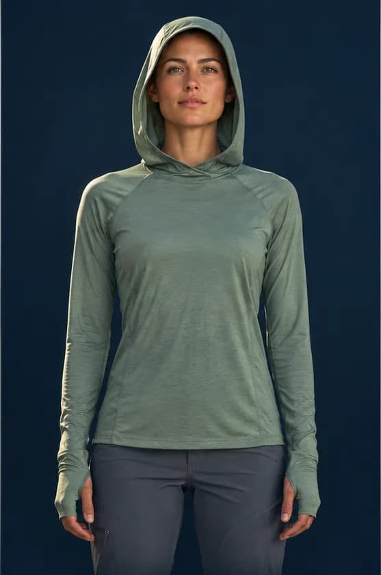Illustrative woman wearing a sun hoodie
