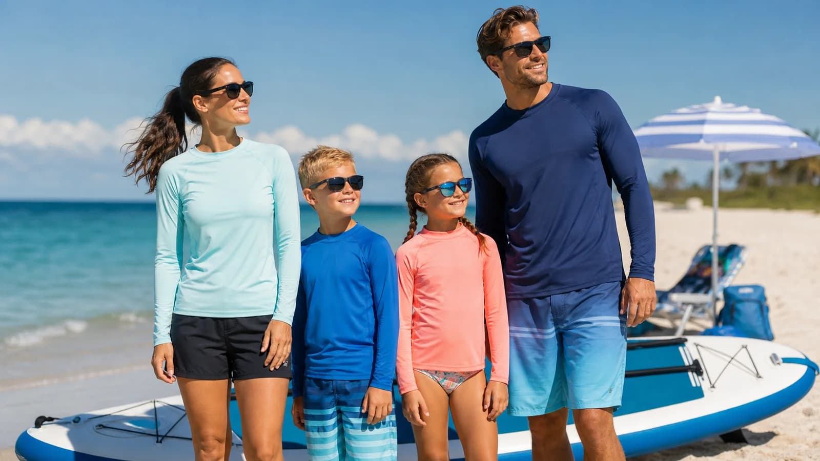 Family wearing long-sleeve UPF swim shirts at a sunny beach