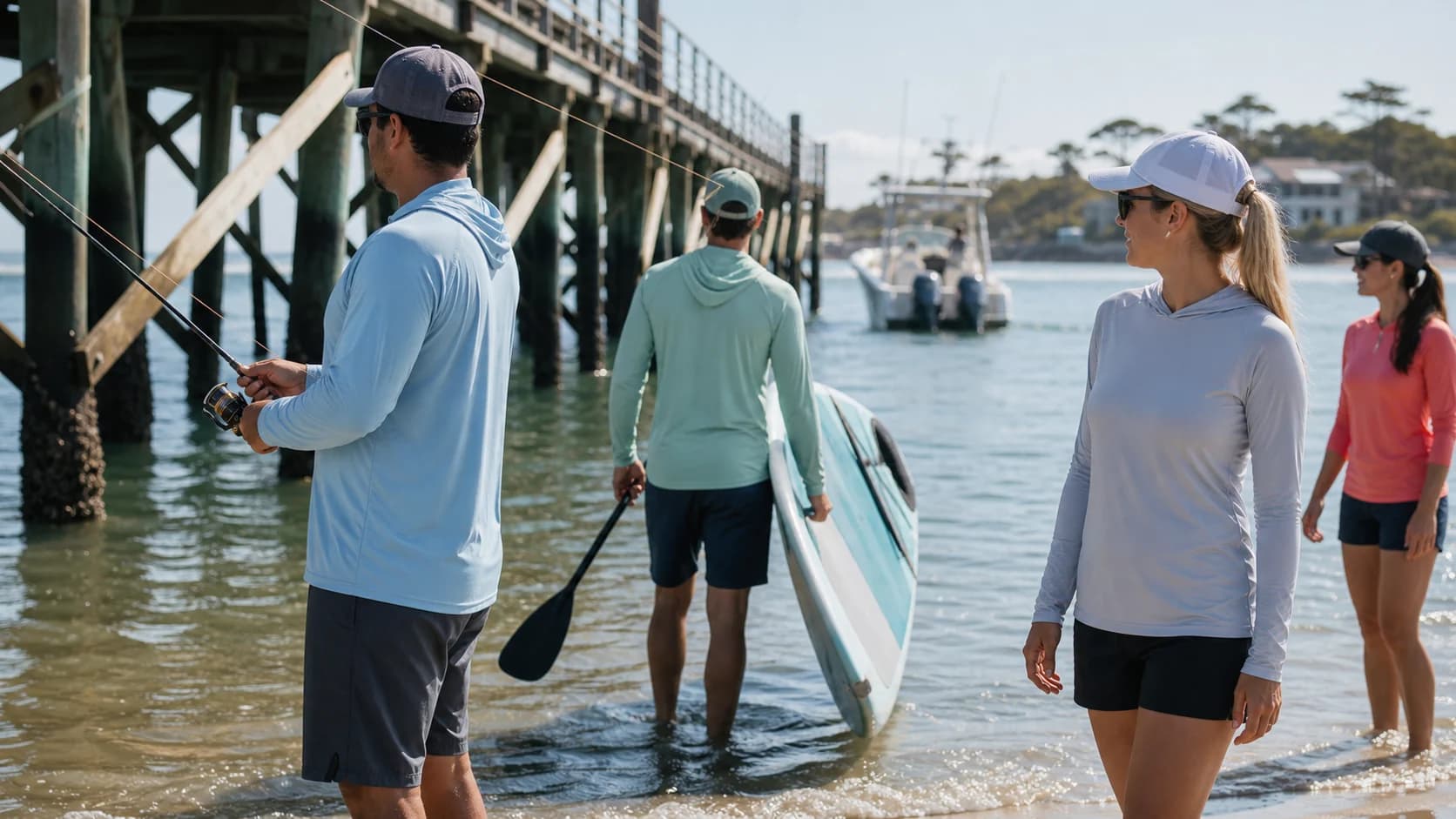 Brand-neutral anglers and paddlers wearing UPF water shirts near a pier