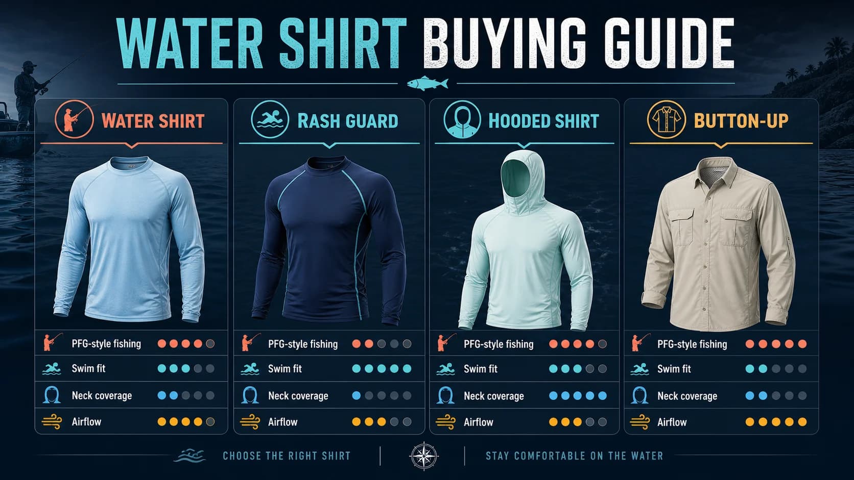 Infographic comparing water shirts, rash guards, hooded shirts, and button-up sun shirts