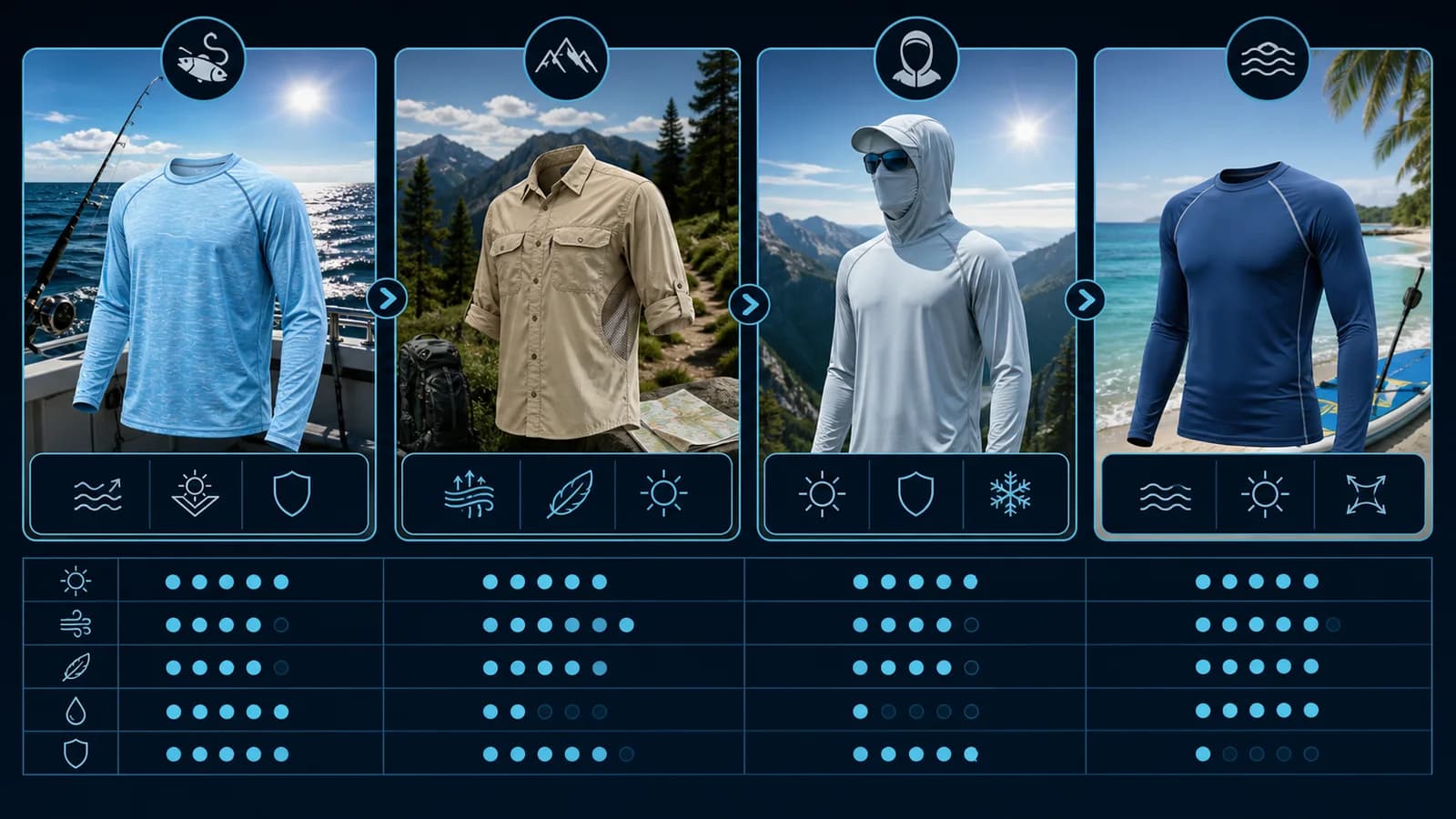 Infographic comparing Columbia-style sun-protection shirt types for fishing, hiking, hooded coverage, and swim use
