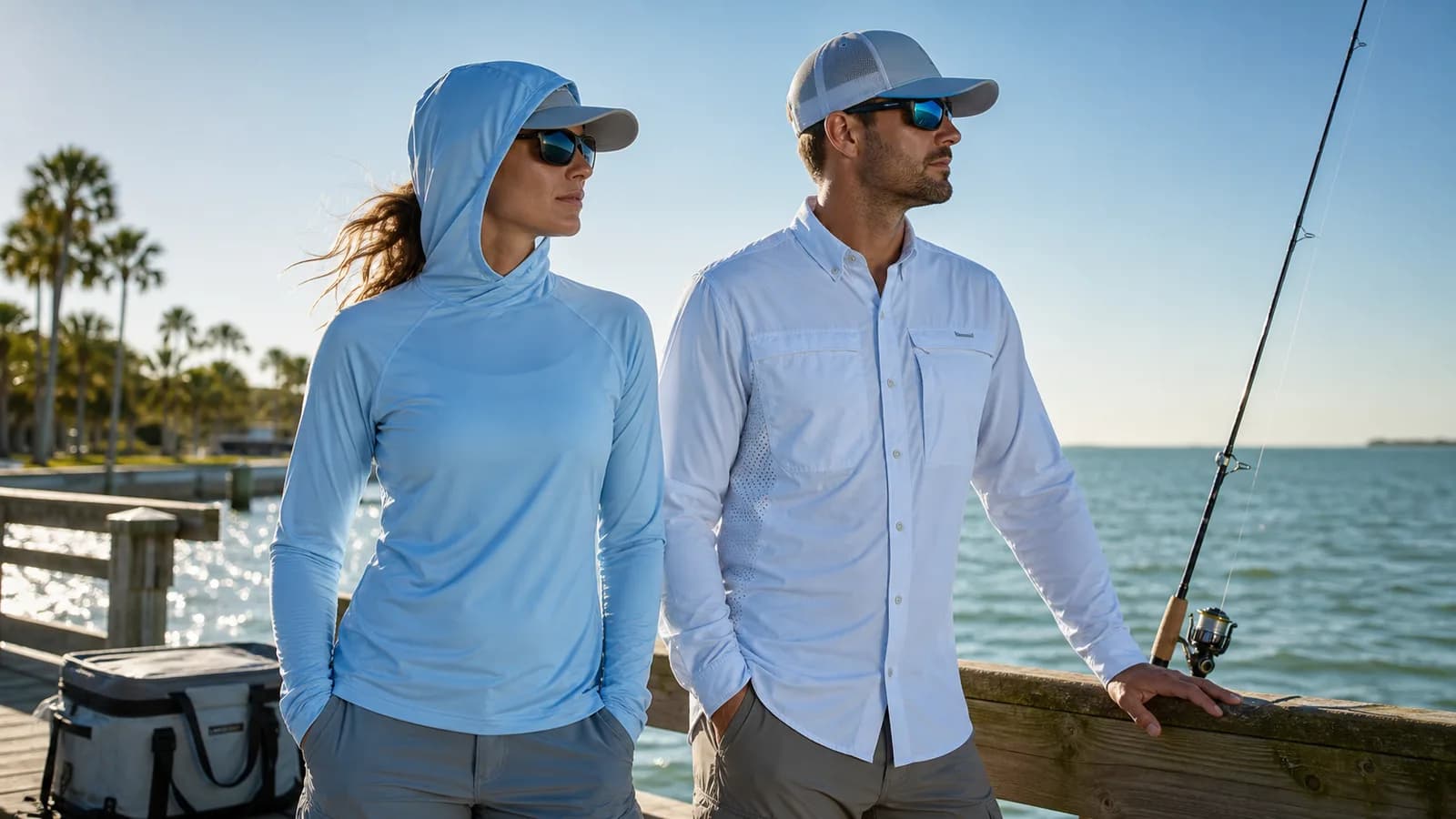 Columbia-style sun-protection shirts on a bright coastal fishing pier