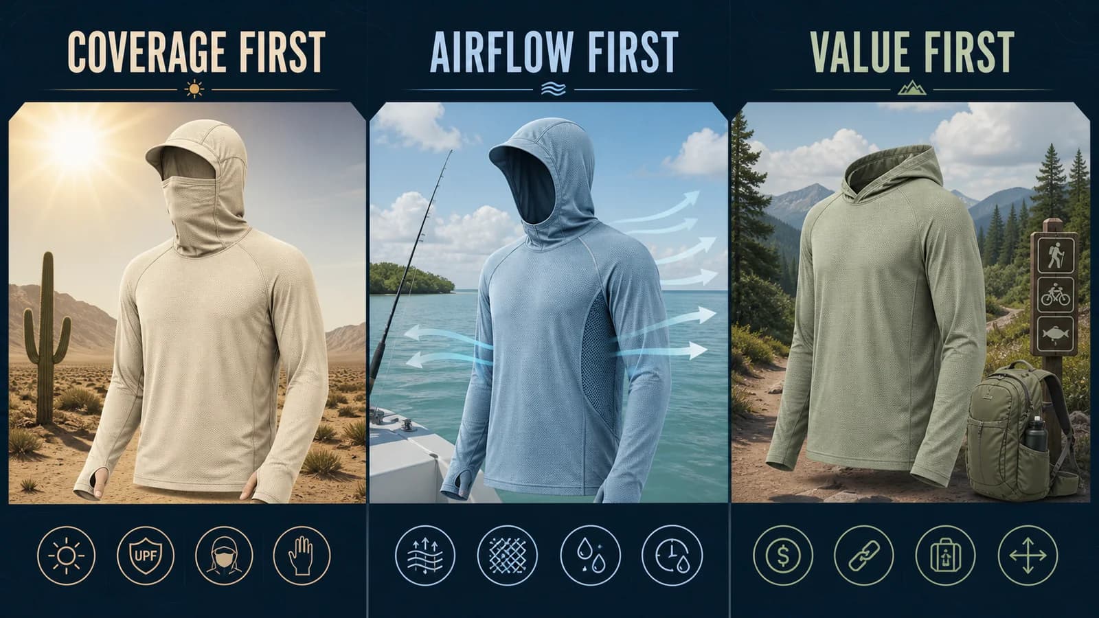 Category infographic comparing coverage-first, airflow-first, and value-first sun hoodies