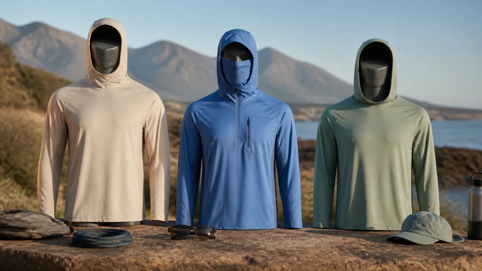 Three generic sun hoodie categories prepared for an outdoor trip