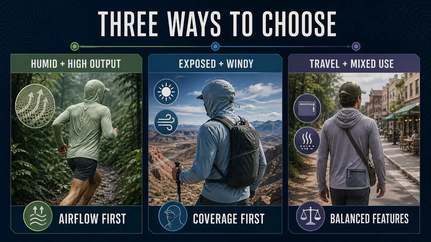 Category infographic showing airflow-first, coverage-first, and balanced-feature sun hoodie decisions
