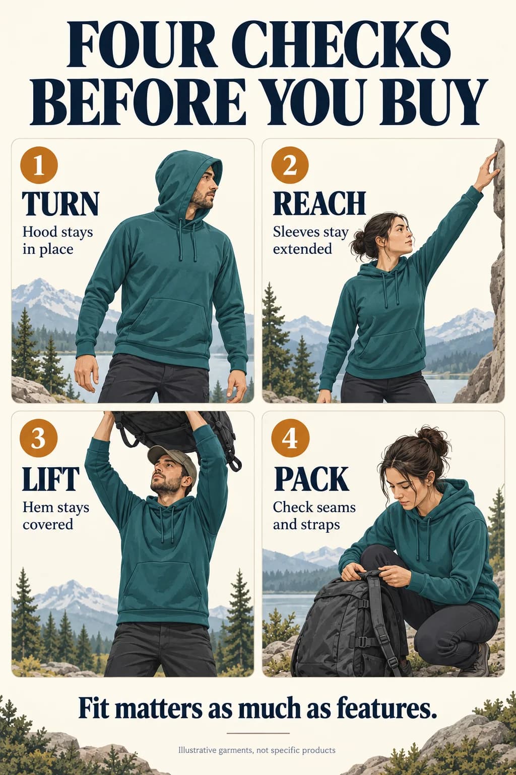 Four sun hoodie fit checks: turn the head, reach, lift the arms and assess seams with a pack.