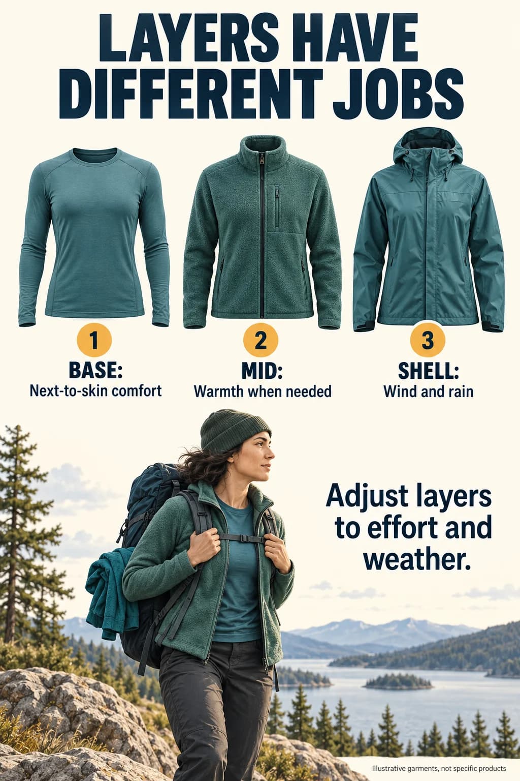 Three different layer roles: base for next-to-skin comfort, midlayer for warmth when needed, shell for wind and rain; adjust to effort and weather.