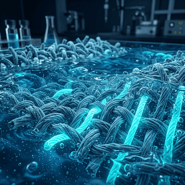 Microscopic view of UPF fabric fibers glowing with UV-shielding light during a wash durability test