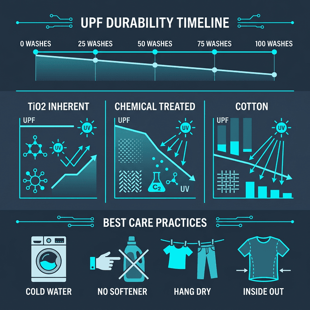 Infographic showing UPF fabric degradation over 100 wash cycles comparing inherent vs. treated protection methods