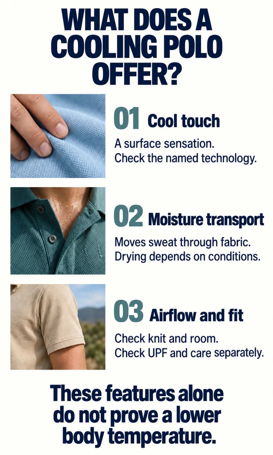 Cooling polo decision aid separating cool touch, sweat management, fit and sun coverage