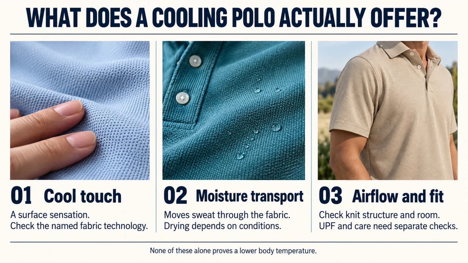 Cooling polo decision aid separating cool touch, sweat management, fit and sun coverage