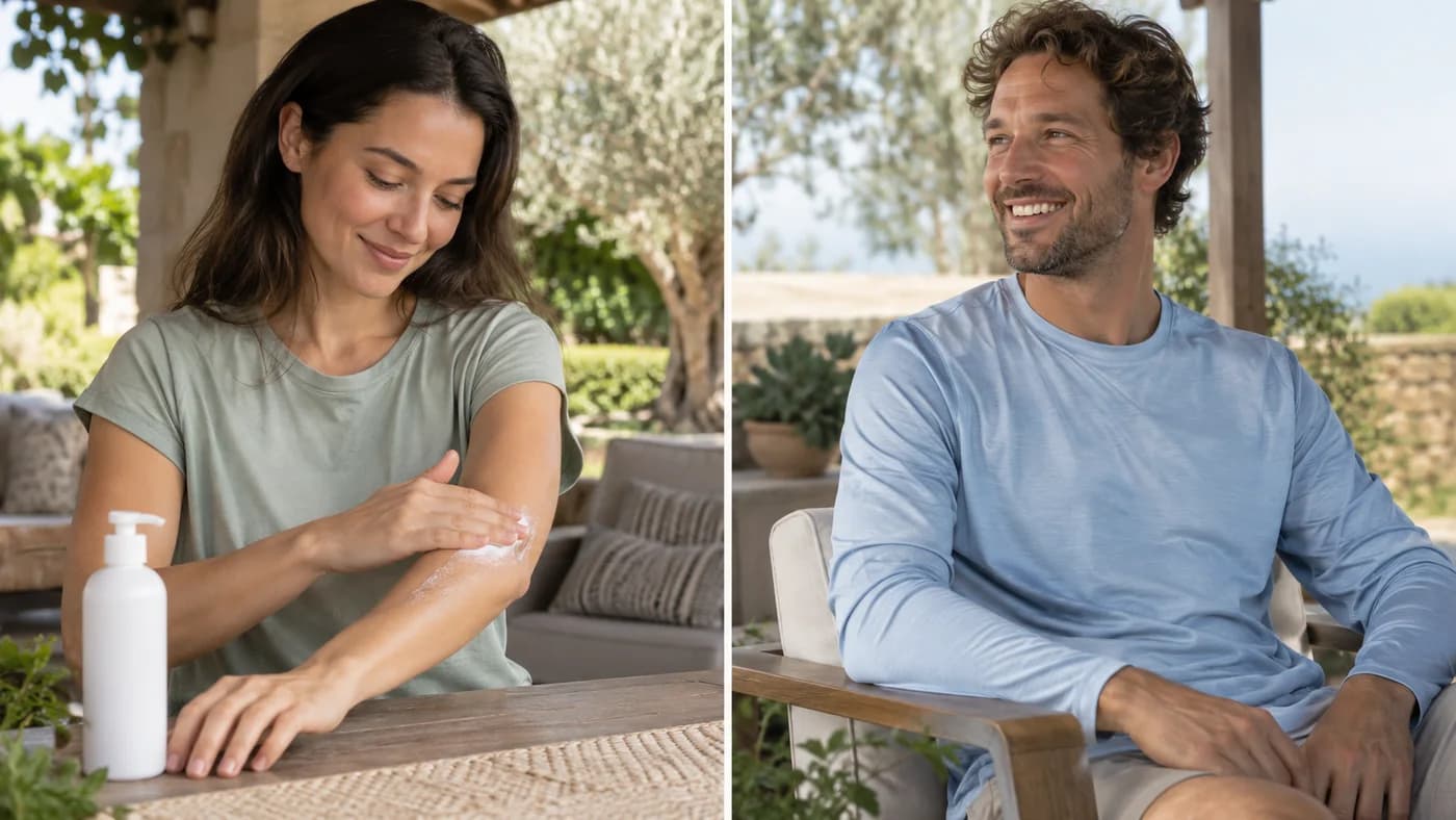 Generated examples of a person applying sunscreen to an uncovered forearm and a person wearing a long-sleeve sun shirt