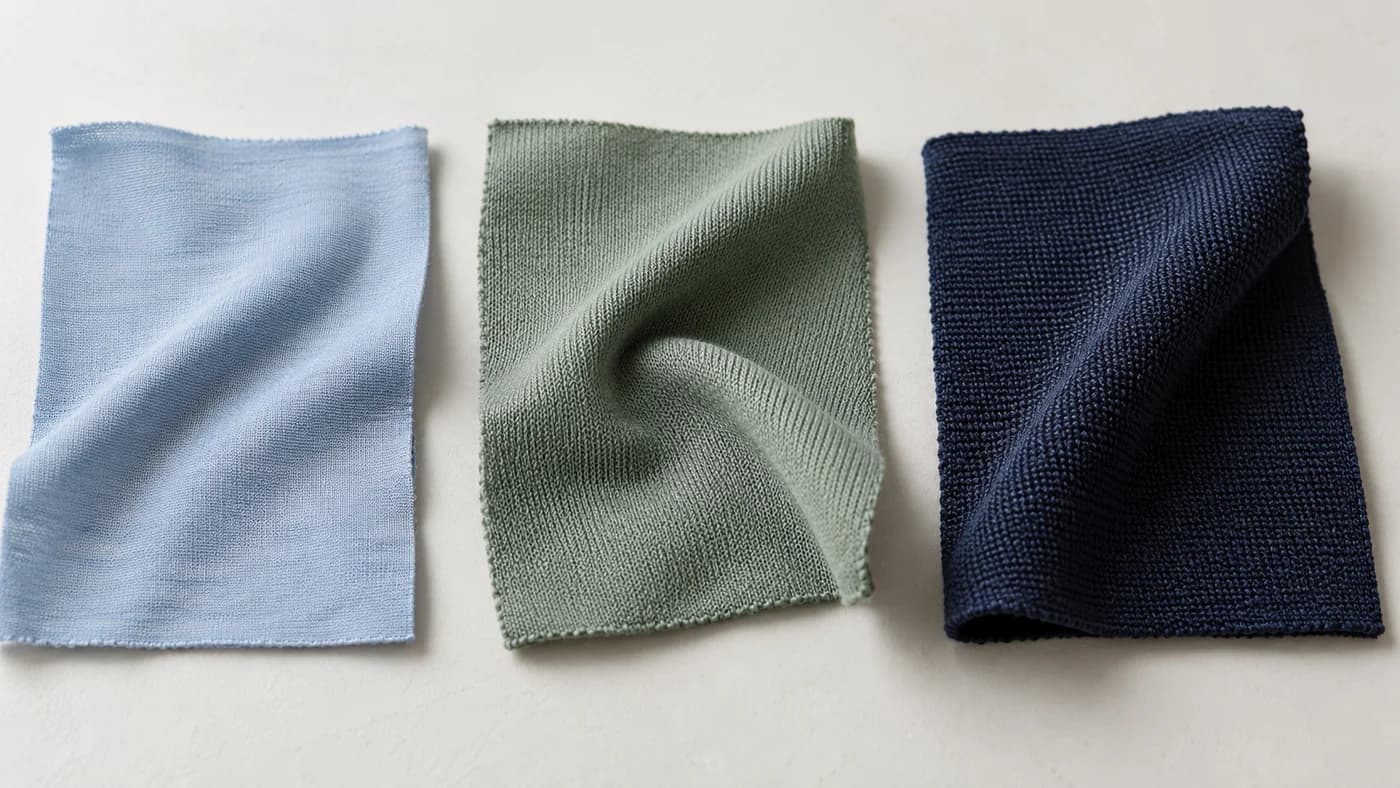 Generated close-up of three generic knit fabrics with different folds and drape