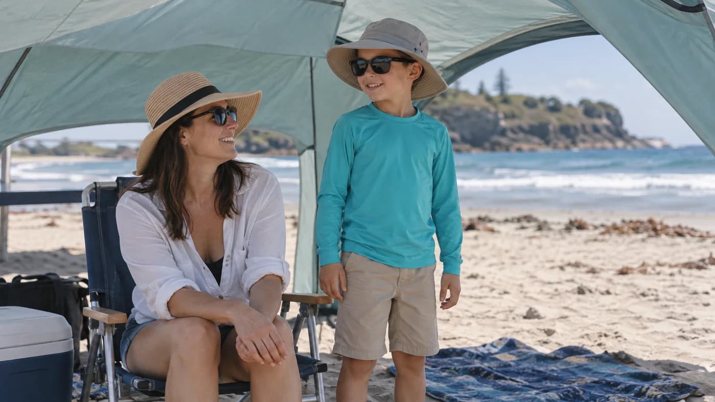 Generated example of a child in a long-sleeve shirt, broad-brim hat and sunglasses with a parent in shade