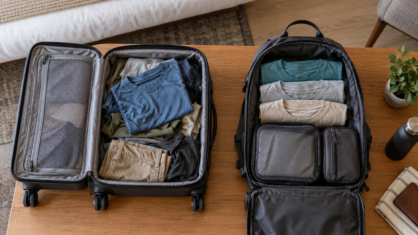 Generated overhead examples of a fuller suitcase and a compact backpack with three shirts