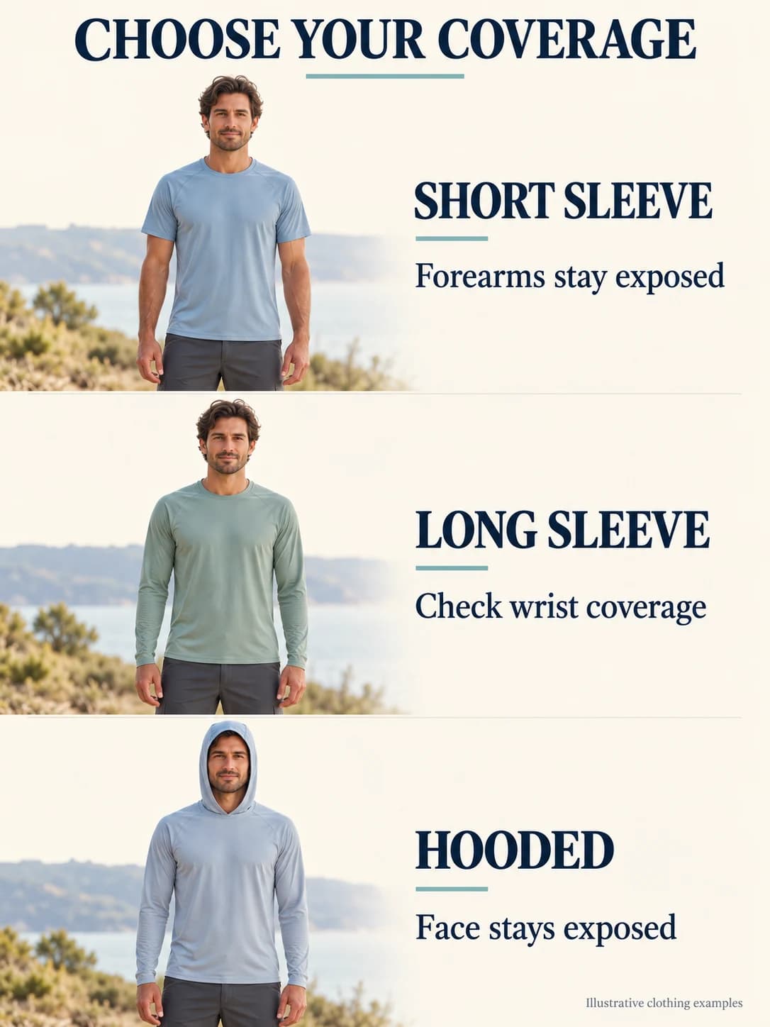Illustrative short-sleeve, long-sleeve and hooded tees show exposed forearms, covered arms and a face that remains exposed