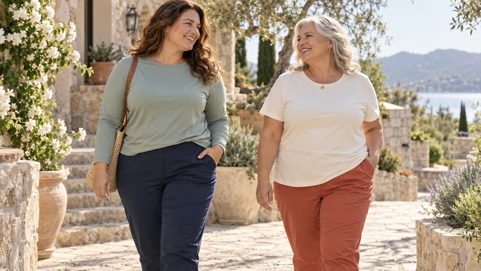 Illustrative plus-size women in relaxed long- and short-sleeve sun tees on a garden walk
