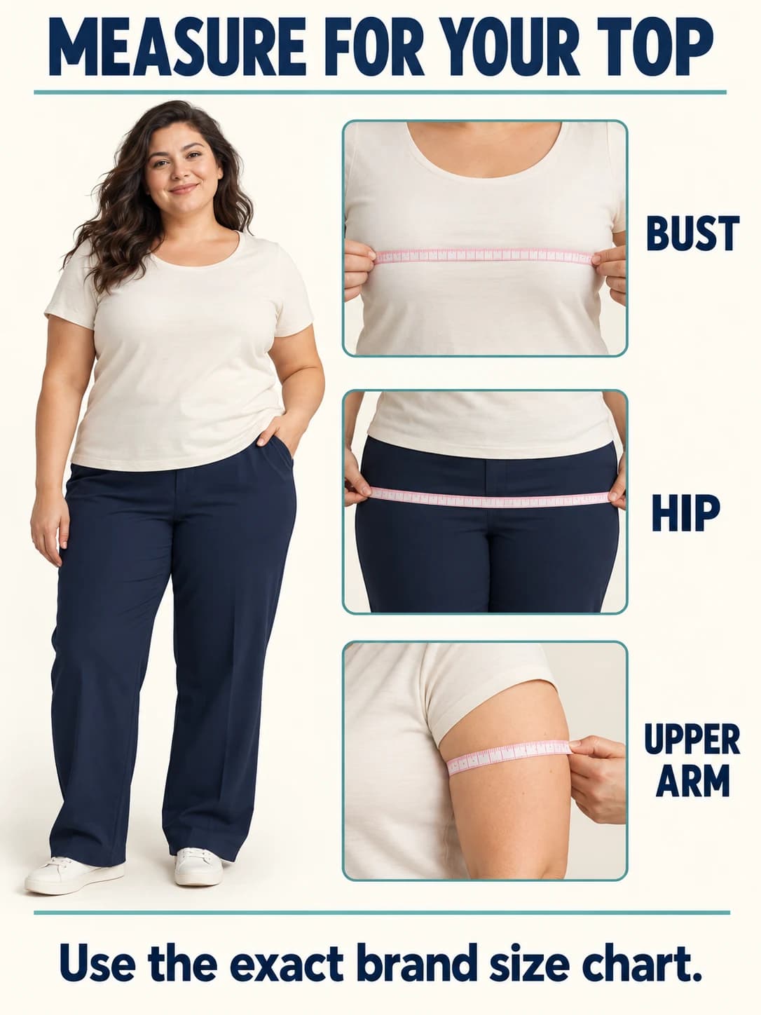 Illustrative plus-size top measurement guide showing bust, hip and upper-arm tape placement