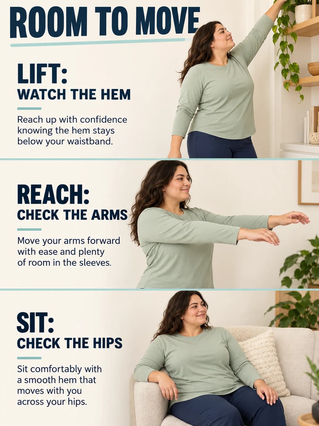 Illustrative plus-size woman checking hem coverage with an overhead reach, sleeve room with arms forward and hip fit while seated