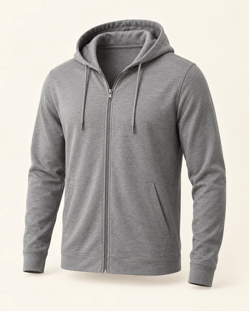 AI-generated example of a men’s hooded full-zip jersey layer; not a photograph of Solbari Men’s Summer Essential Hooded Zip Top