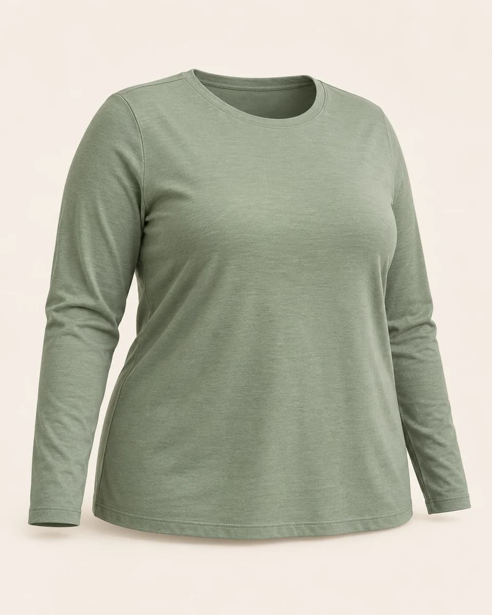 AI-generated example of a Plus-size long-sleeve crew-neck top; not a photograph of Columbia PFG Tidal Tee II Long Sleeve Plus
