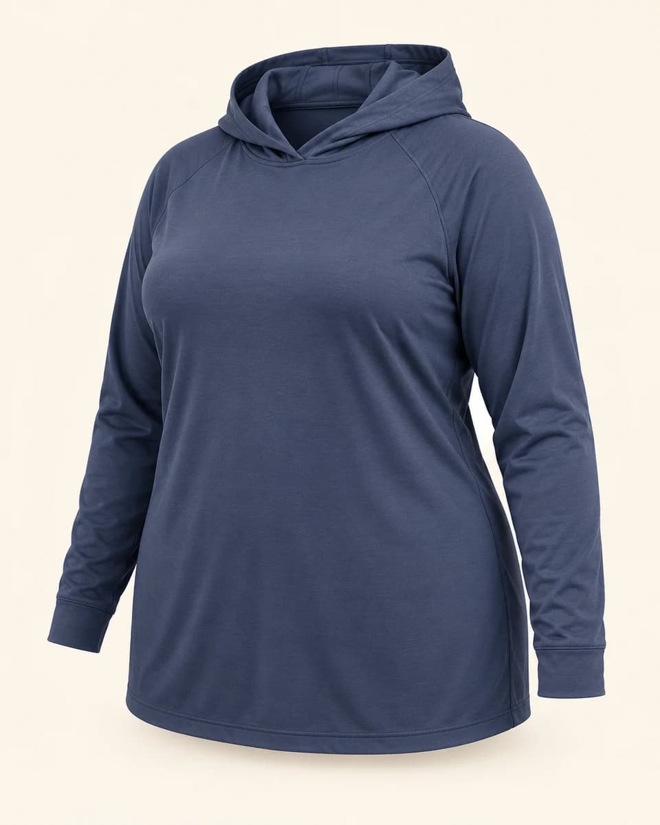AI-generated example of a Plus-size pullover hoodie; not a photograph of Columbia Sun Trek Hoodie II Plus