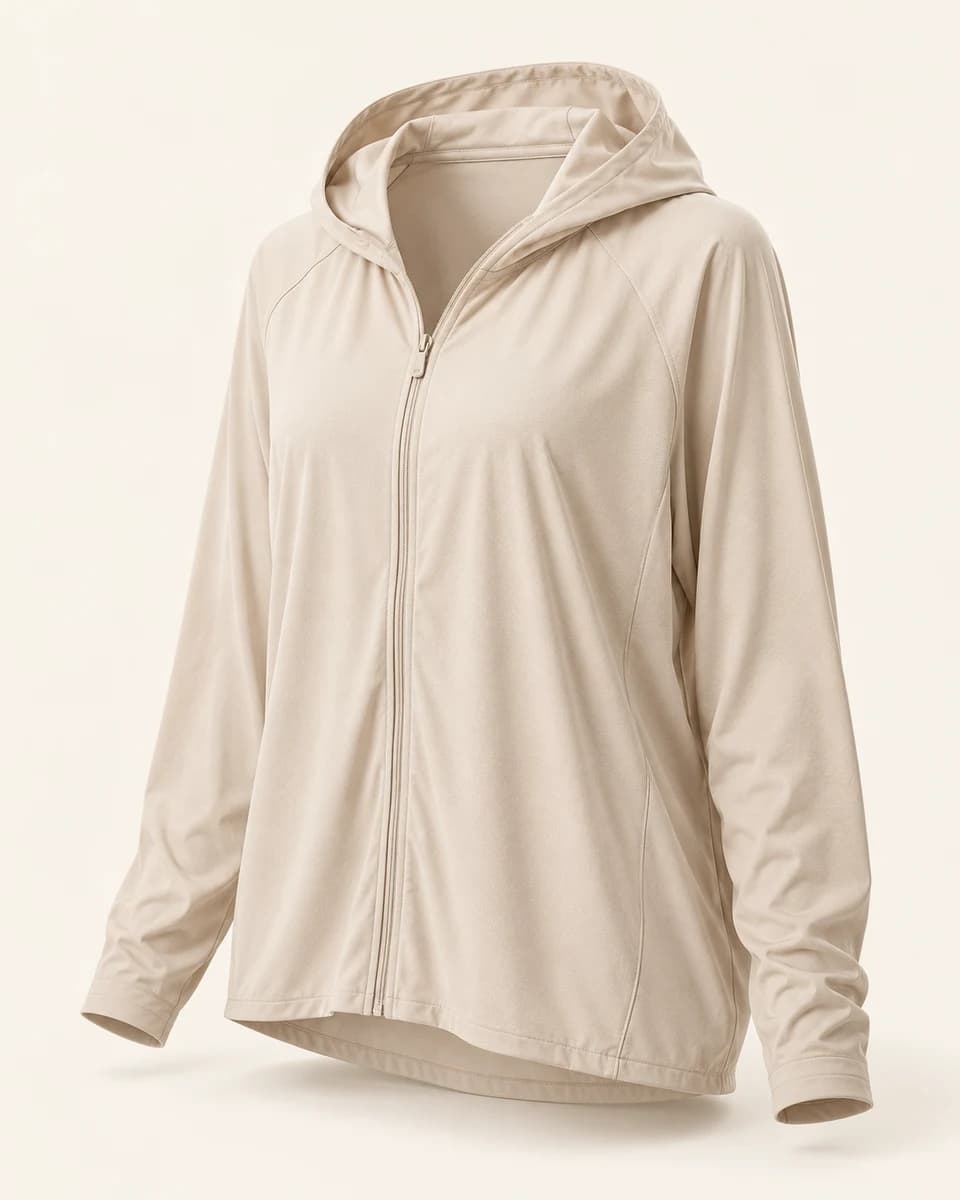 AI-generated example of a loose women’s hooded full-zip layer; not a photograph of Solbari Women’s Everlight Loose Fit Jacket