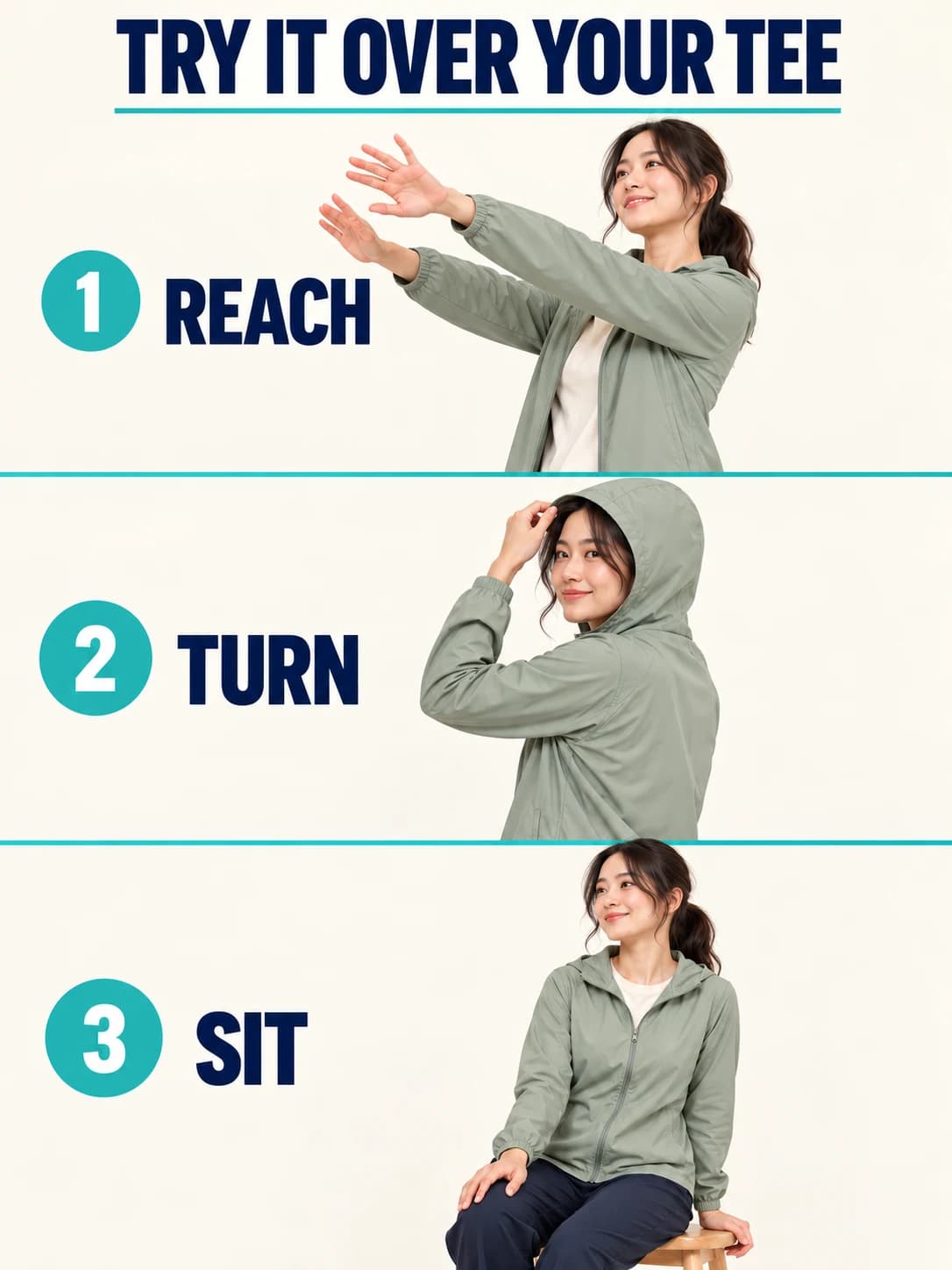 Three stacked illustrated jacket try-on scenes: reach forward, turn with a single hood up, and sit with the zipper closed