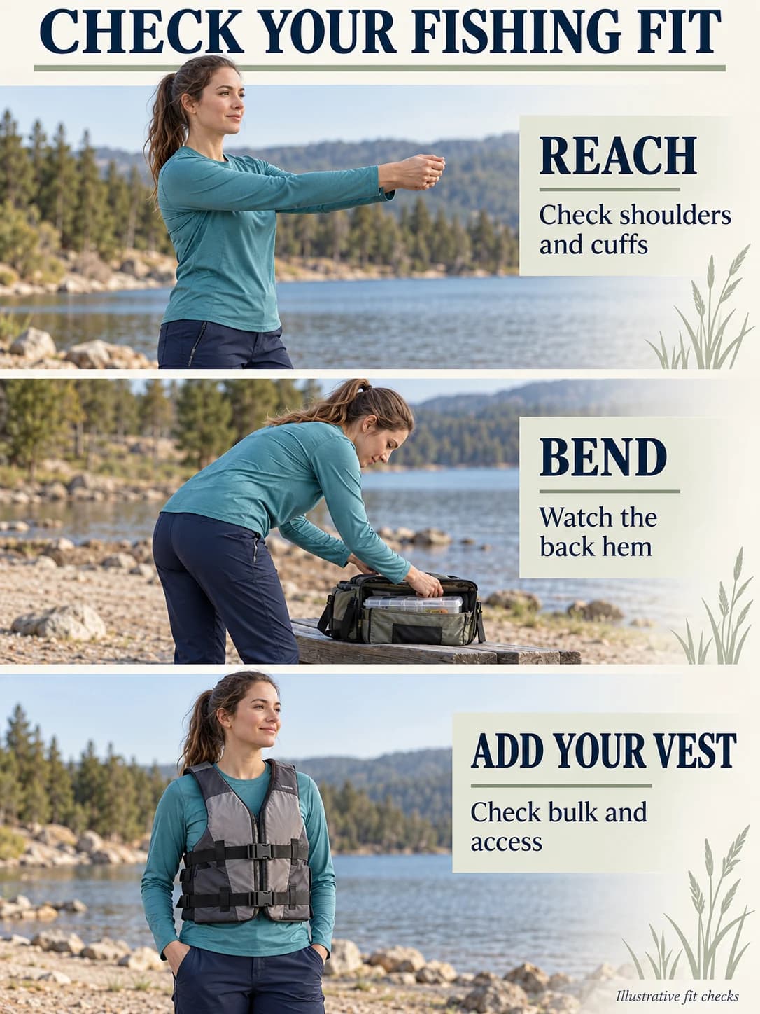 Illustrative woman checks forward reach, bends toward a tackle bag to inspect the back hem, and adds a buckled life vest on dry land