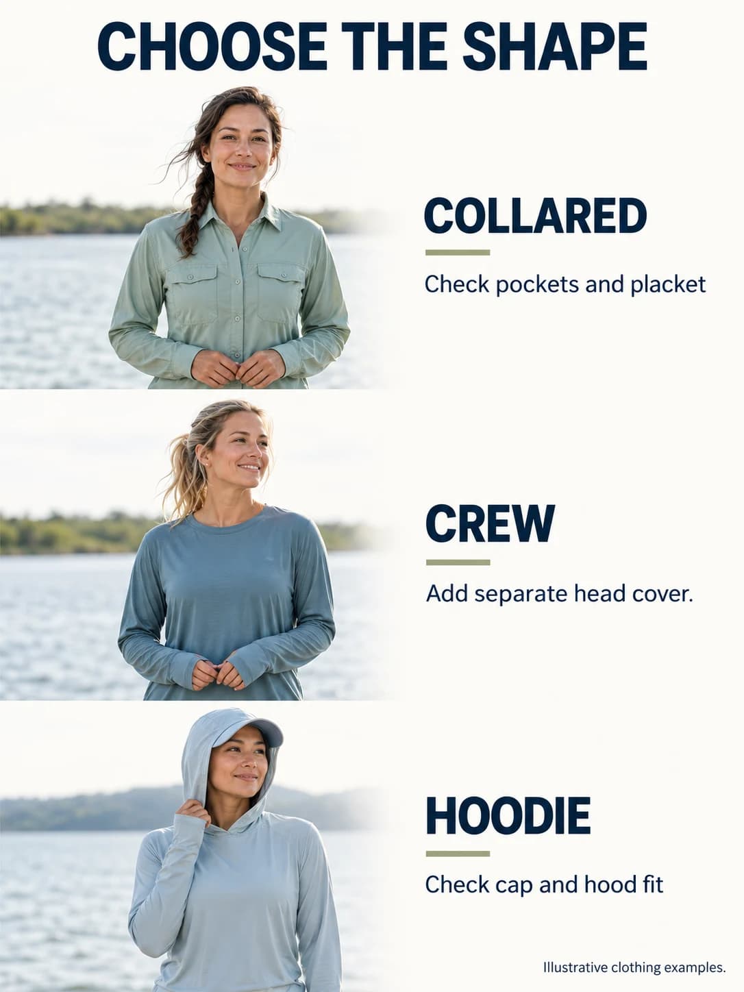 Illustrative women's long-sleeve collared shirt, crew and hoodie distinguish pocket/placket checks, separate head cover and hood/cap fit