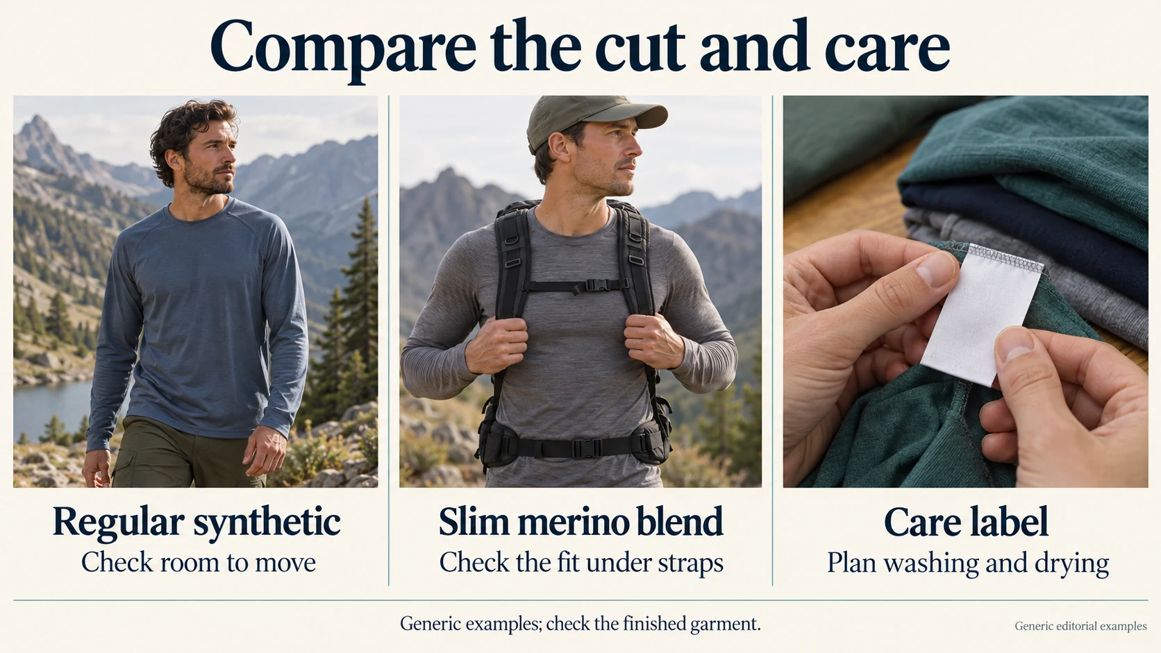 Compare the cut and care: Regular synthetic: Check room to move; Slim merino blend: Check the fit under straps; Care label: Plan washing and drying.