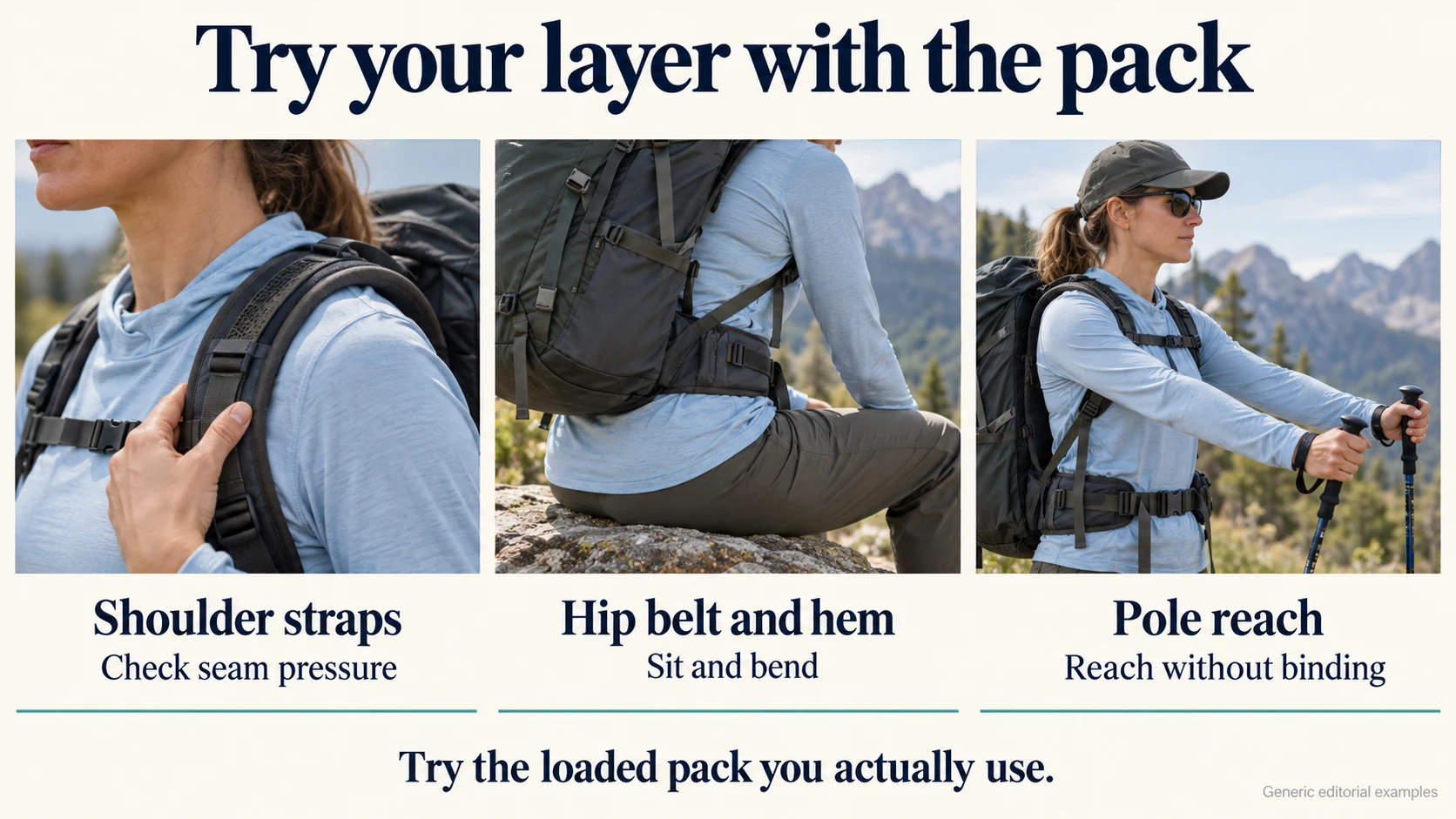 Try your layer with the pack: Shoulder straps: Check seam pressure; Hip belt and hem: Sit and bend; Pole reach: Reach without binding.