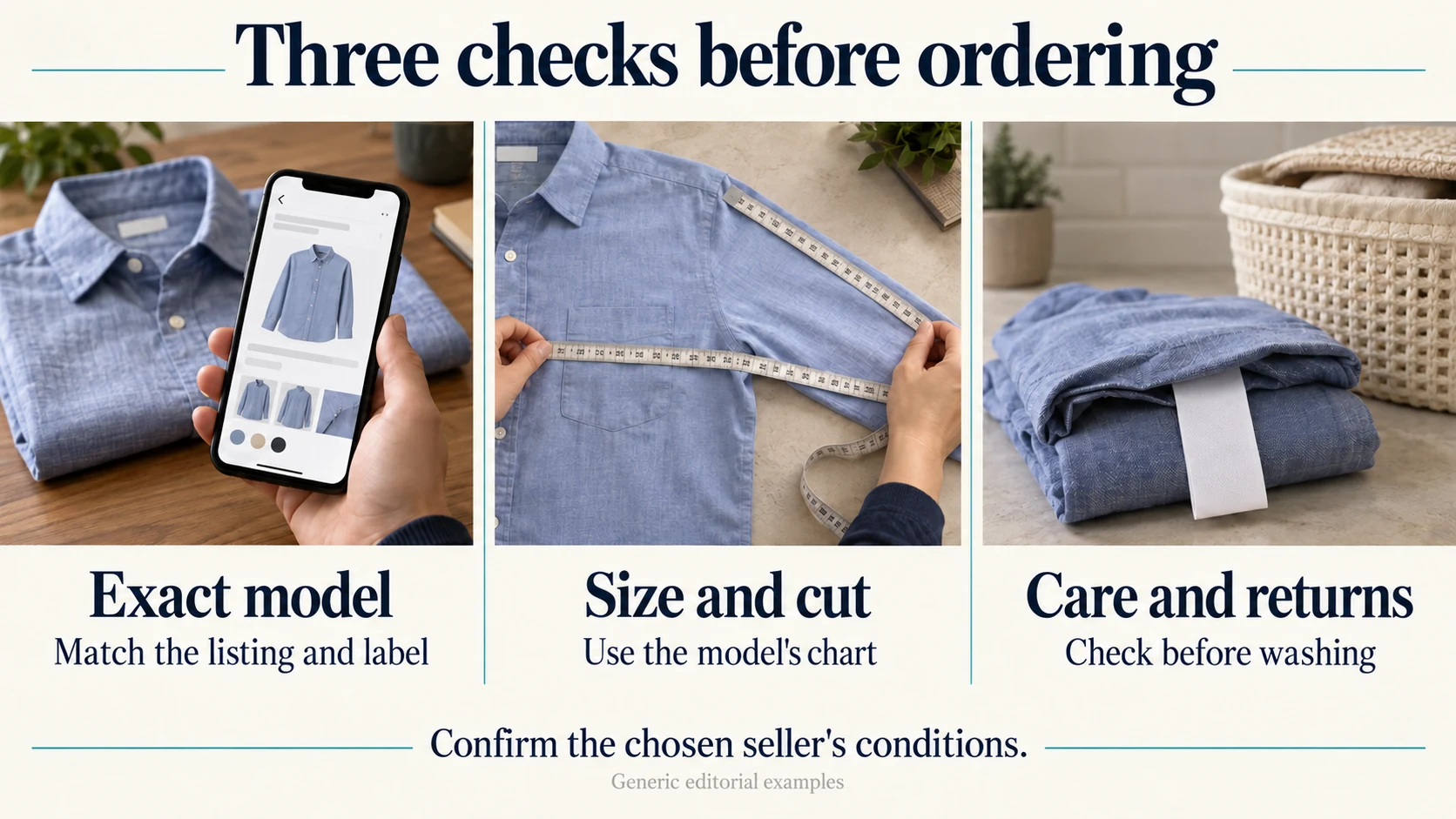 Three checks before ordering: Exact model: Match the listing and label; Size and cut: Use the model's chart; Care and returns: Check before washing.