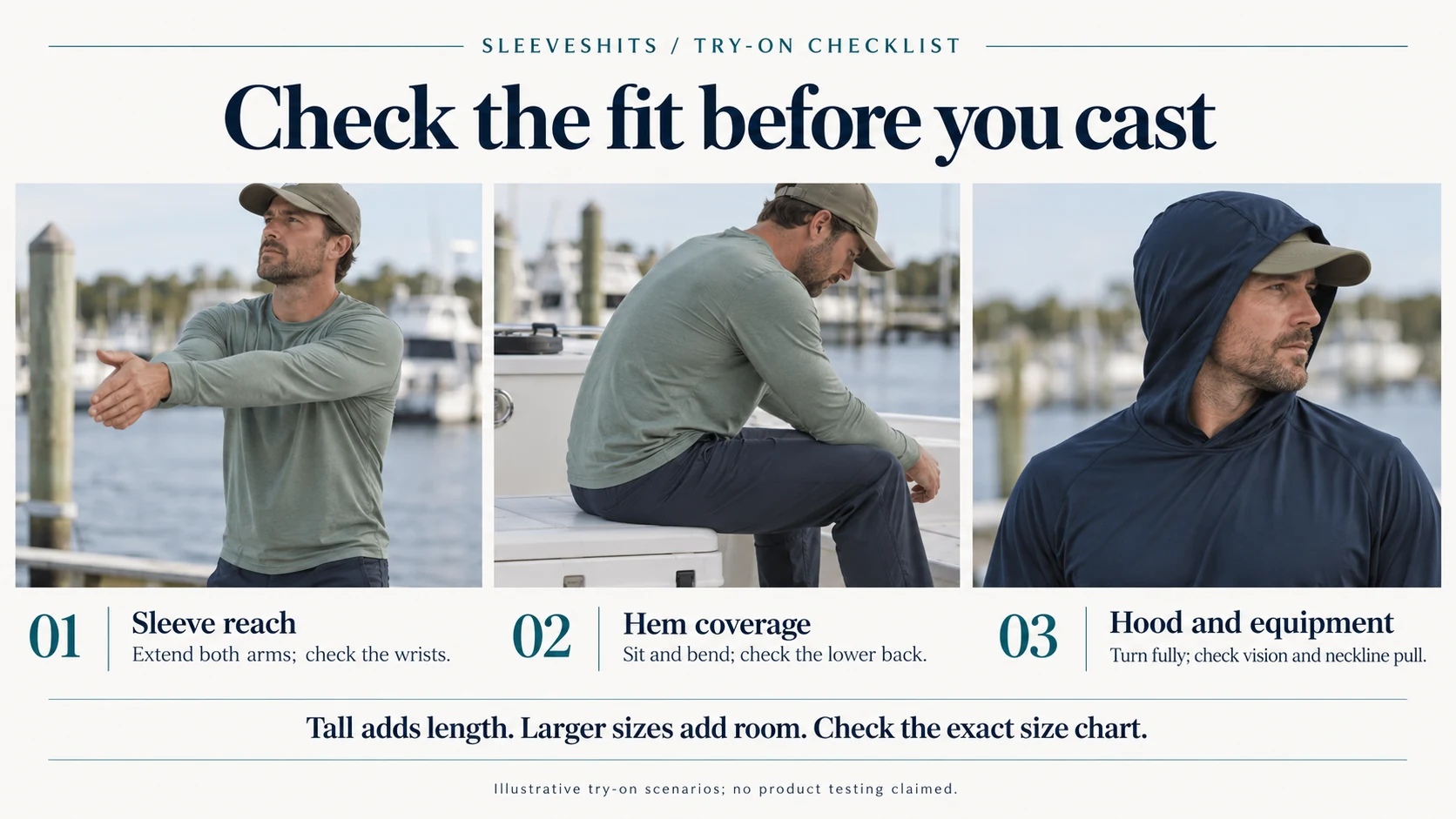 Three illustrative try-on checks: extend both arms to check sleeve reach, sit and bend to check hem coverage, and turn the head with a hood and cap to check vision and neckline pull.