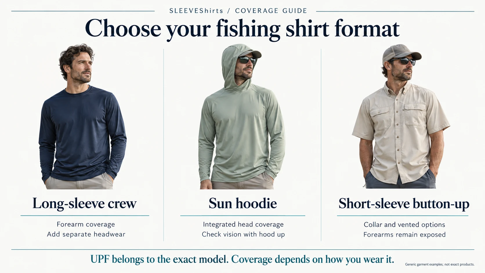 Three generic fishing shirt formats: a long-sleeve crew, a sun hoodie and a short-sleeve button-up. Their sleeve, head and neck coverage differs.