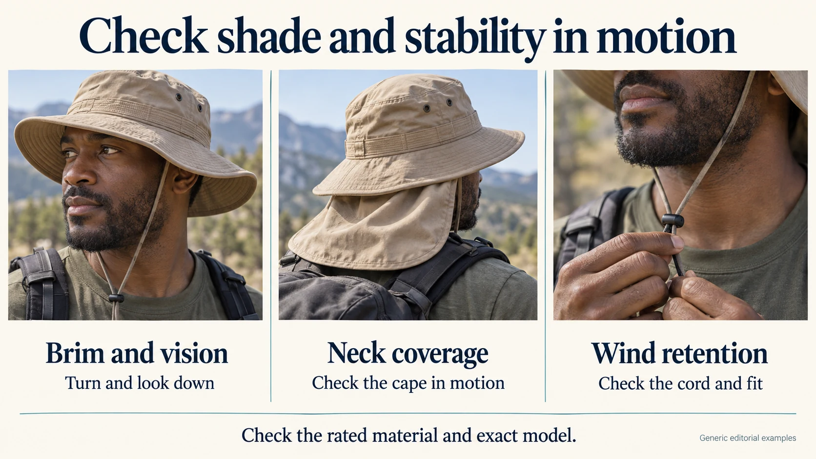 Check shade and stability in motion: Brim and vision: Turn and look down; Neck coverage: Check the cape in motion; Wind retention: Check the cord and fit.